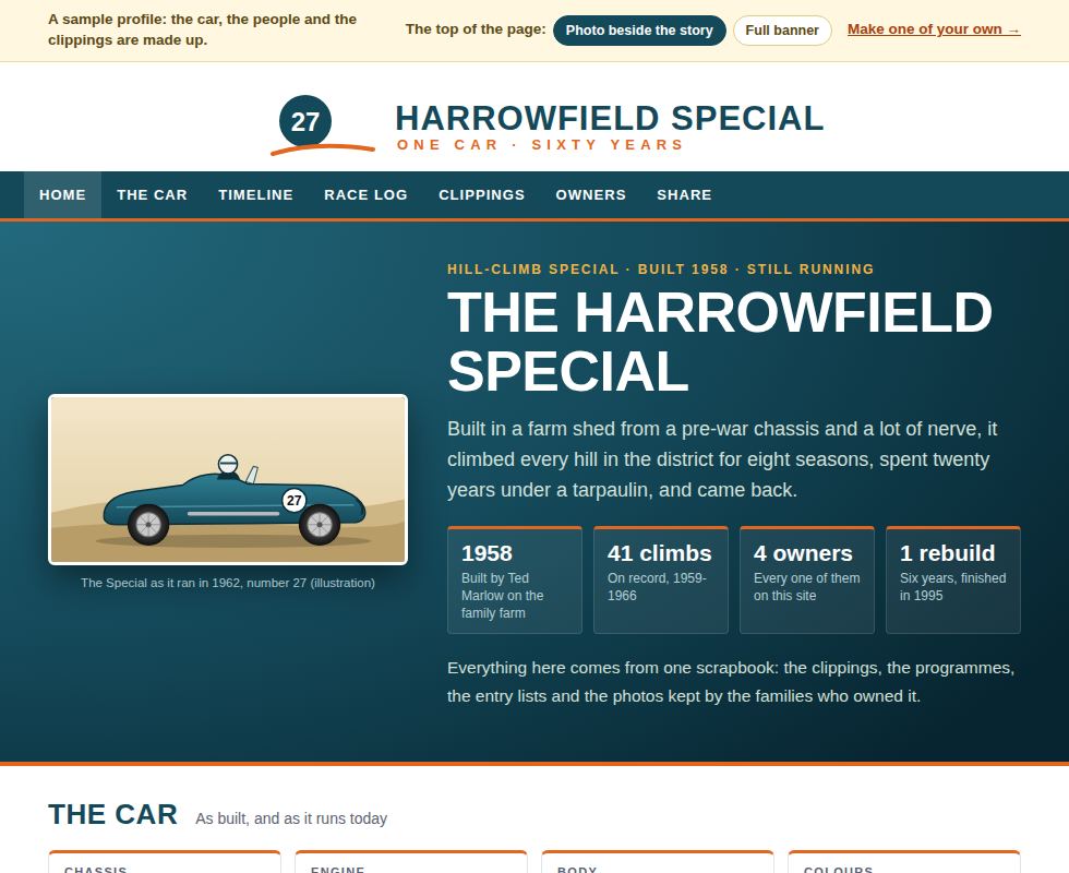 A sample history website: the Harrowfield Special, an old hill-climb car